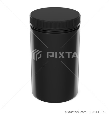 Black plastic jar for sport nutrition whey protein powder isolated on white Black plastic jar for sport nutrition whey protein powder isolated on white 108431159