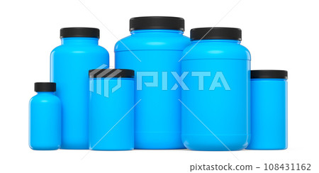 Set of blue plastic jar for sport nutrition protein powder isolated on white Set of blue plastic jar for sport nutrition protein powder isolated on white 108431162