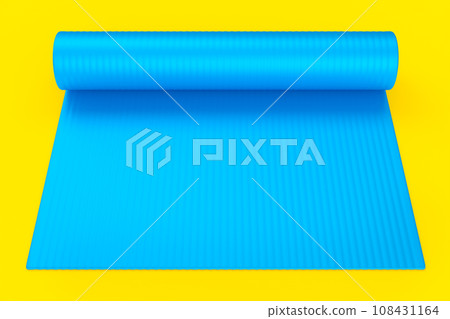 Blue yoga mat or lightweight foam camping bed roll pad isolated on yellow. Blue yoga mat or lightweight foam camping bed roll pad isolated on yellow. 108431164