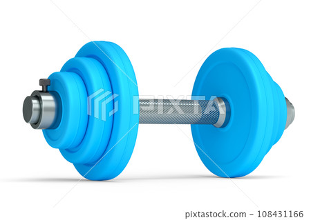 Metal dumbbell with blue disks isolated on white background Metal dumbbell with blue disks isolated on white background 108431166