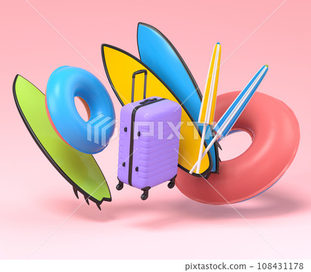 Colorful suitcase or baggage with beach accessories on pink background. Colorful suitcase or baggage with beach accessories on pink background. 108431178
