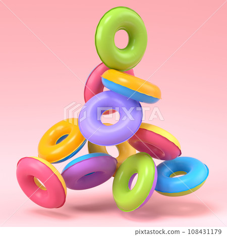 Colorful inflatable ring flying on pink background, 3D render of summer vacation 108431179
