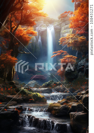 Autumn forest Fantastic forest and river landscape illustration AI image 108431271