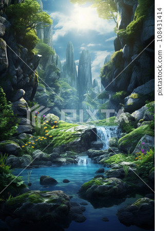 Summer forest Fantastic forest and river landscape illustration AI image 108431414