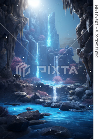 Winter forest Fantastic forest and river landscape illustration AI image 108431494