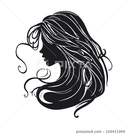 Silhouette of a woman with long flowing hair, with isolated background. Silhouette of a woman with long flowing hair, with isolated background. 108431909