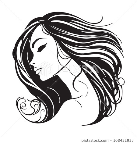 Silhouette of a woman with long flowing hair, with isolated background. 108431933