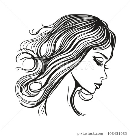 Silhouette of a woman with long flowing hair, with isolated background. Silhouette of a woman with long flowing hair, with isolated background. 108431983