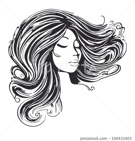 Silhouette of a woman with long flowing hair, with isolated background. 108432003