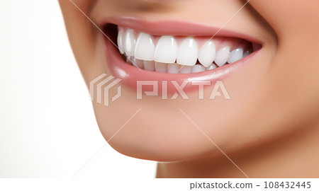 AI-generated content. Perfect white teeth smile of a young woman, close up AI-generated content. Perfect white teeth smile of a young woman, close up 108432445