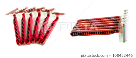 Set of Red disposable shaving razors isolated on white background. 108432446