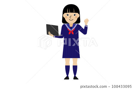 Full body of a Japanese junior high and high school student wearing a sailor suit standing with a laptop 108433095