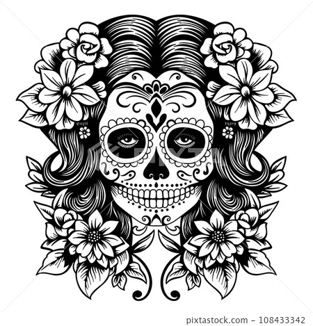 Day of dead girl black and white of illustration 108433342