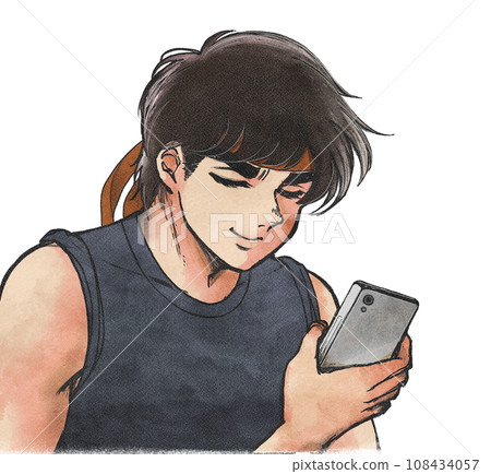 我想換工作！一個肌肉發達的男人看著智慧型手機的插圖 108434057
