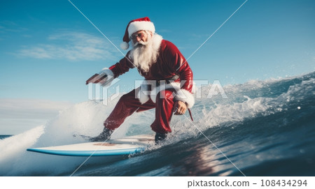 Santa Claus on a surfboard in ocean blue water. Merry Christmas and Happy New Year concept. Santa Claus on a surfboard in ocean blue water. Merry Christmas and Happy New Year concept. 108434294