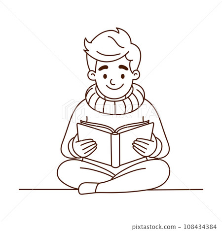 Cute little boy reading a book while sitting on the floor. Line icon. Vector illustration. 108434384
