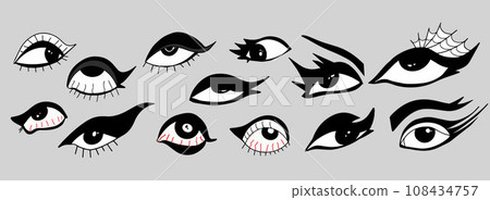 eye with gothic makeup. Different eyes, tired, red. Punk,2000x y2k emo style. Vector illustration. eye with gothic makeup. Different eyes, tired, red. Punk,2000x y2k emo style. Vector illustration. 108434757
