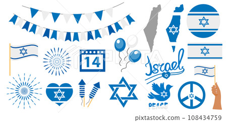Israel flag, symbol, badges set .Pray for Israel war collection flat style. Design for humanity, peace, donations, charity and anti-war. Vector illustration 108434759
