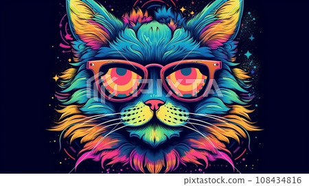Psychedelic trippy cat cartoon 70s, rave style, acid color. Retrowave concept. Ai Generative 108434816