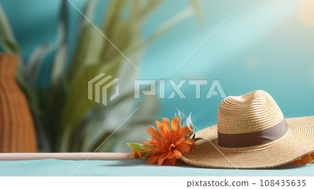 Summer straw hat placed in a blue studio AI image - Stock Illustration ...