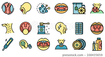 Tonsillitis icons set. Outline set of tonsillitis vector icons thin line color flat on white Tonsillitis icons set. Outline set of tonsillitis vector icons thin line color flat on white 108435659