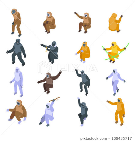 Gibbon icons set. Isometric set of gibbon vector icons for web design isolated on white background Gibbon icons set. Isometric set of gibbon vector icons for web design isolated on white background 108435717