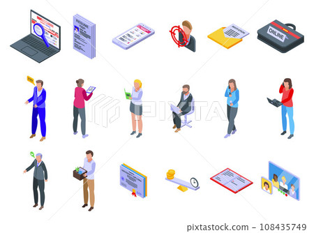 Online job search icons set. Isometric set of online job search vector icons for web design isolated on white background 108435749