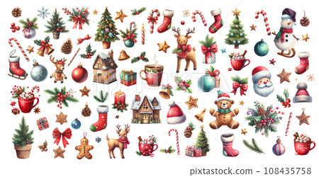 Set of christmas watercolor elements. Holidays clipart for christmas card, sticker and print. 108435758