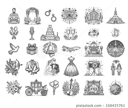 Minimal wedding icon set - vector illustration. 108435761