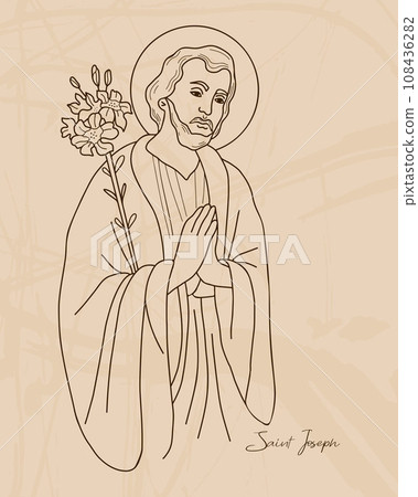 Saint Joseph the Betrothed. Holy Forefather with blooming lily. Vector illustration. Hand drawn outline for decoration of religious themes, Catholic and Christian holidays. Saint Joseph the Betrothed. Holy Forefather with blooming lily. Vector illustration. Hand drawn outline for decoration of religious themes, Catholic and Christian holidays. 108436282