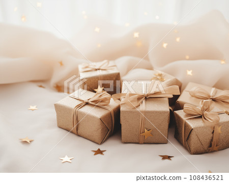 Christmas holiday celebration background, crafted brown gift boxes, decorated with gold star. Making aesthetic winter presents in rustic style. 108436521