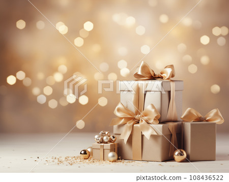 Christmas holiday celebration background, crafted brown gift boxes, decorated with gold bokeh. Making aesthetic winter presents in rustic style. 108436522