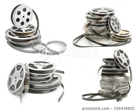 Collections old film strip in metal bobbins isolated on white. Various angles. Collections old film strip in metal bobbins isolated on white. Various angles. 108436602
