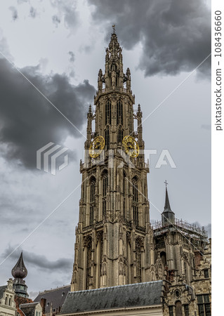 bottom view of the gothic Cathedral of Our Lady in Antwerp bottom view of the gothic Cathedral of Our Lady in Antwerp 108436660