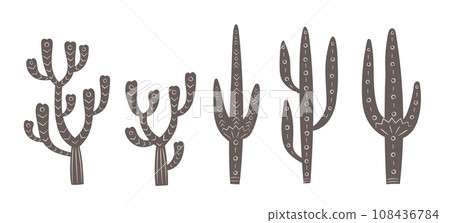 Bohemian ethnic flat cactuses with ornament. Simple wild west desert plants set. Bohemian ethnic flat cactuses with ornament. Simple wild west desert plants set. 108436784