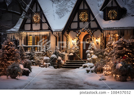 Christmas decorations in the porch and outdoors. Generative AI. 108437032