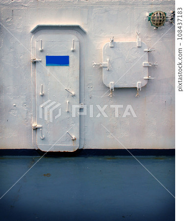 The exits Door of a Caribbean cruise ship and window in the blue sea. Abstract of banners concept.  108437183