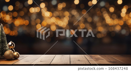 Empty wood table top with blur Christmas tree with bokeh light background 108437248