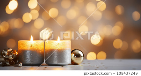 New Year and Christmas greetings banner. Gold and silver Christmas burning candles on background with bokeh New Year and Christmas greetings banner. Gold and silver Christmas burning candles on background with bokeh 108437249