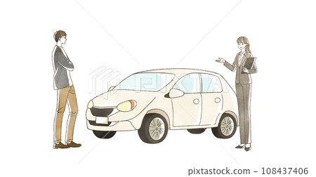 A woman in a suit explaining about a car A woman in a suit explaining about a car 108437406