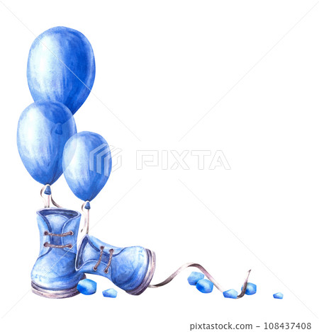 Blue Air ballon with baby shoes, booties and blue peas. watercolor Baby Boy clipart. It is a boy, newborn, gender reveal or happy birthday party, hand drawn illustrations isolated on white background 108437408