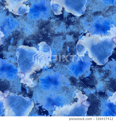 Watercolor Seamless Pattern Hand painted illustration. Abstract blue spots and splashes on isolated dark background Universal base for your design of textile, wrapping paper, wallpaper, cover, print 108437412