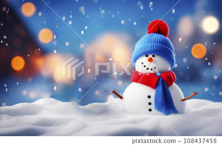 Merry Christmas and Happy New year greeting card with copy-space. Happy snowman standing in snow background. Merry Christmas and Happy New year greeting card with copy-space. Happy snowman standing in snow background. 108437458