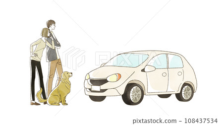 Car, smiling man and woman, and dog 108437534