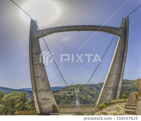 Panoramic view of the supporting structure of the Arounca suspension bridge in Portugal Panoramic view of the supporting structure of the Arounca suspension bridge in Portugal 108437629