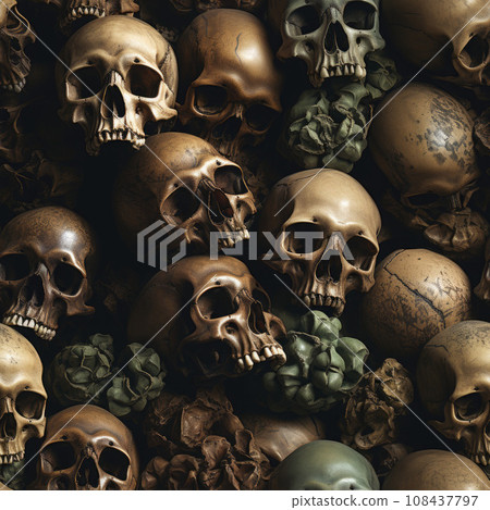 Skulls and bones covered in dust. lot of creepy human remains in dark. Abstract dark background symbolizing death, evil 108437797