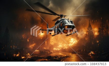 Fire fighting helicopter carry water bucket to extinguish the forest fire 108437813
