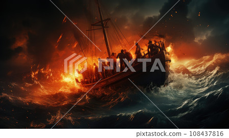 Migrants / refugees on boat through sea with cold water at night Migrants / refugees on boat through sea with cold water at night 108437816