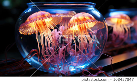 Jellyfish with a purple body and blue tentacles is swimming in the water with a blue background and a blue sky 108437847