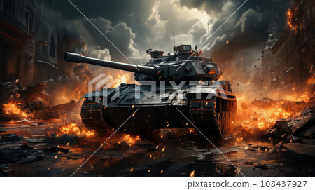 Tank as a defense mission. Explosion and destructions caused by war. Army battle, artillery weapons force conflict 108437927